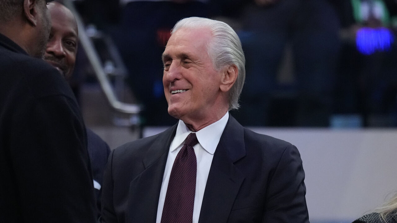 NEW YORK, NY - APRIL 30: President of the Miami Heat Pat Riley and Patrick Ewing during Game One of the Eastern Conference Semi-Finals of the 2023 NBA Playoffs between the Miami Heat and the New York Knicks on April 30, 2023 at Madison Square Garden in New York City, New York. Mandatory Copyright Notice: Copyright 2023 NBAE