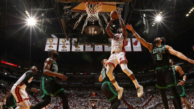 MIAMI, FL - MAY 21: Jimmy Butler #22 of the Miami Heat drives to the basket during Round 3 Game 3 of the Eastern Conference Finals 2023 NBA Playoffs against the Boston Celtics on May 21, 2023 at the Kaseya Center in Miami, Florida. Mandatory Copyright Notice: Copyright 2023 NBAE