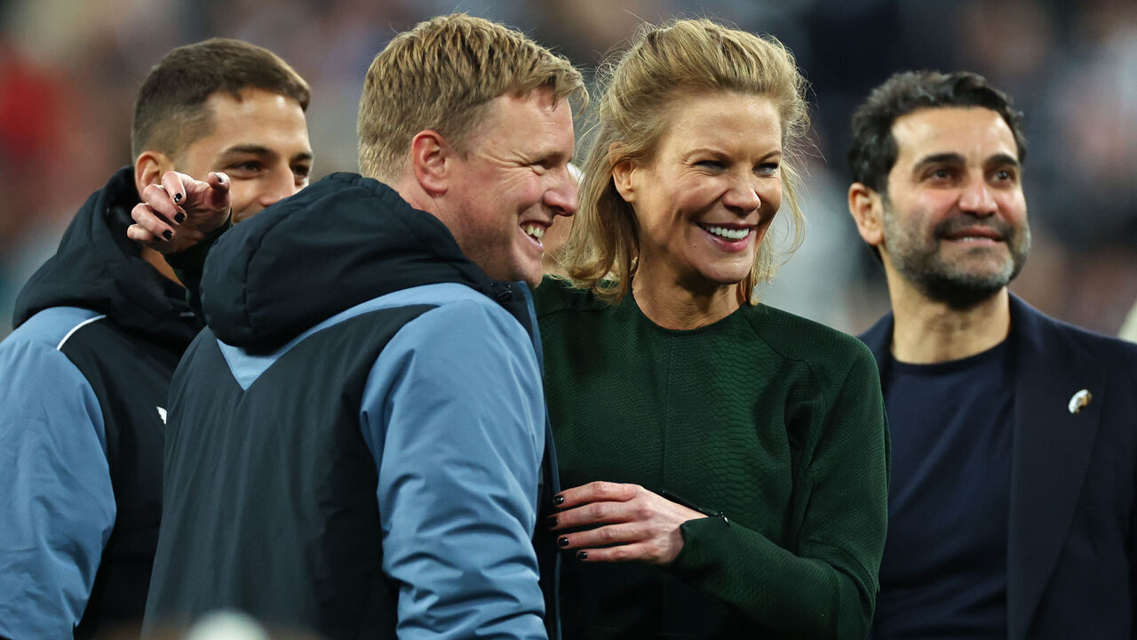 NEWCASTLE UPON TYNE, ENGLAND - MAY 22: Newcastle United Co-Owner and Chief Executive Officer of PCP Capital Partners Amanda Staveley hugs Eddie Howe the manager / head coach of Newcastle United at full time during the Premier League match between Newcastle United and Leicester City at St. James Park on May 22, 2023 in Newcastle upon Tyne, England.