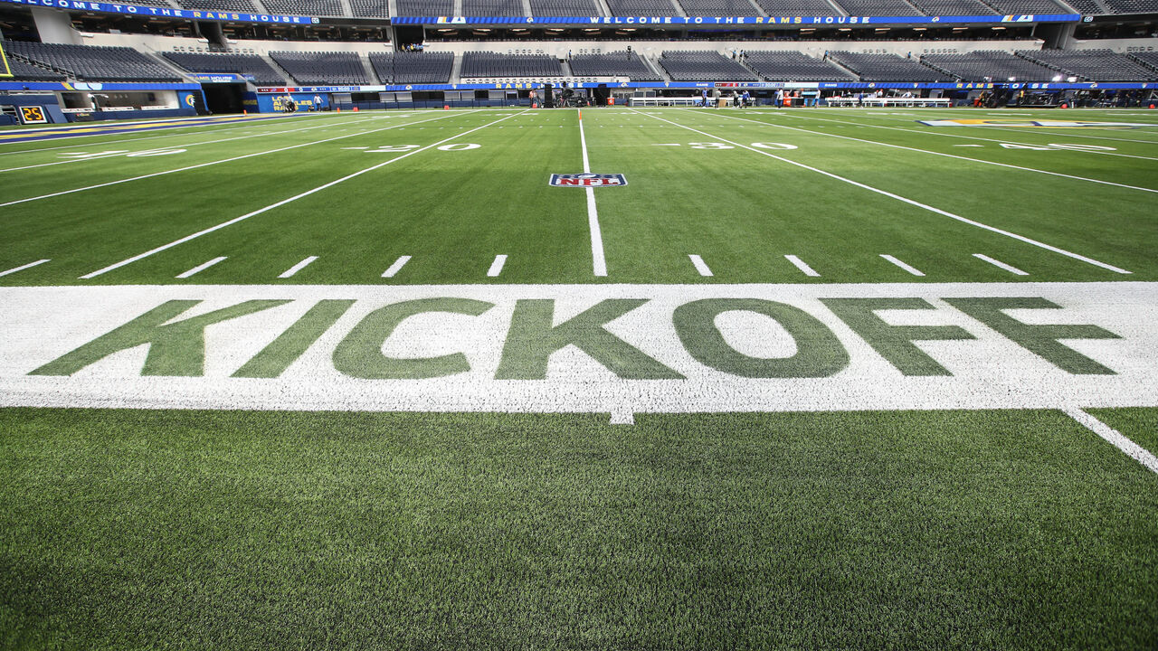 INGLEWOOD, CA - SEPTEMBER 08: NFL kickoff logo before the Buffalo Bills game versus the Los Angeles Rams on September 8, 2022, at Sofi Stadium in Inglewood, CA.
