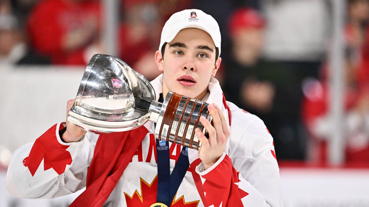 HALIFAX, CANADA - JANUARY 05: Olen Zellweger #3 of Team Canada holds up the IIHF World Championship Cup after Team Canada defeated Team Czech Republic 3-2 in overtime to capture gold at the 2023 IIHF World Junior Championship at Scotiabank Centre on January 5, 2023 in Halifax, Nova Scotia, Canada.