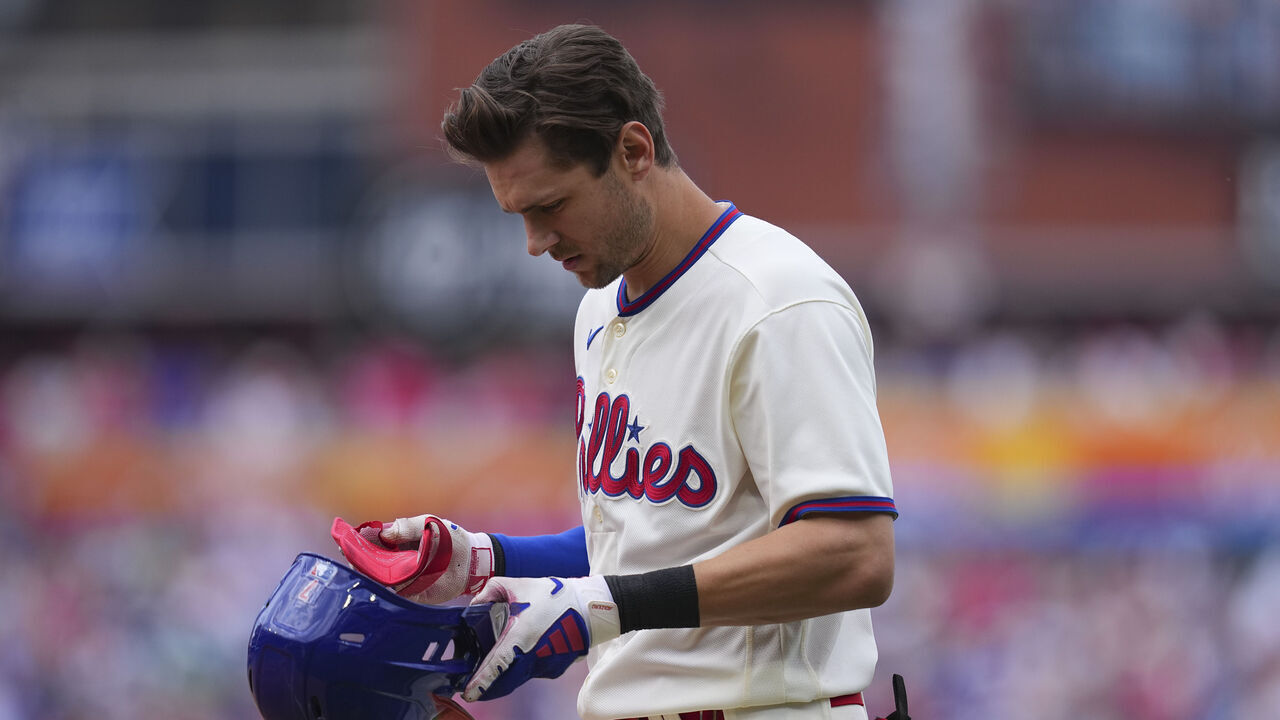 PHILADELPHIA, PA - MAY 21: Trea Turner #7 of the Philadelphia Phillies looks on against the Chicago Cubs at Citizens Bank Park on May 21, 2023 in Philadelphia, Pennsylvania. The Phillies defeated the Cubs 2-1.