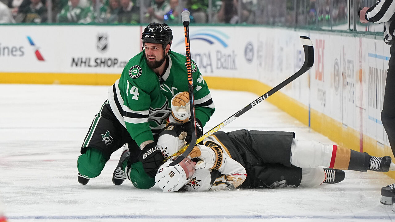 DALLAS, TX - MAY 23: Jamie Benn #14 of the Dallas Stars delivers a hit against Mark Stone #61 of the Vegas Golden Knights in Game Three of the Conference Final of the 2023 Stanley Cup Playoffs at the American Airlines Center on May 23, 2023 in Dallas, Texas.