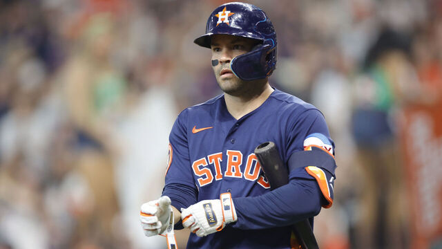 HOUSTON, TEXAS - MAY 21: Jose Altuve #27 of the Houston Astros in action against the Oakland Athletics at Minute Maid Park on May 21, 2023 in Houston, Texas.