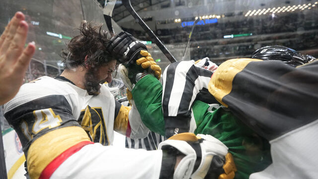 DALLAS, TEXAS - MAY 23: Max Domi #18 of the Dallas Stars fights with Nicolas Hague #14 of the Vegas Golden Knights during the second period in Game Three of the Western Conference Final of the 2023 Stanley Cup Playoffs at American Airlines Center on May 23, 2023 in Dallas, Texas.