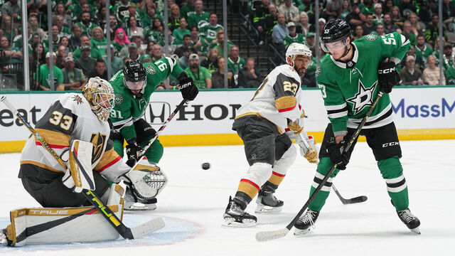 DALLAS, TX - MAY 23: Wyatt Johnston #53 of the Dallas Stars tries to re-direct in a puck against Adin Hill #33 of the Vegas Golden Knights in Game Three of the Conference Final of the 2023 Stanley Cup Playoffs at the American Airlines Center on May 23, 2023 in Dallas, Texas.