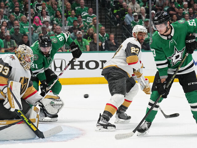 DALLAS, TX - MAY 23: Wyatt Johnston #53 of the Dallas Stars tries to re-direct in a puck against Adin Hill #33 of the Vegas Golden Knights in Game Three of the Conference Final of the 2023 Stanley Cup Playoffs at the American Airlines Center on May 23, 2023 in Dallas, Texas.