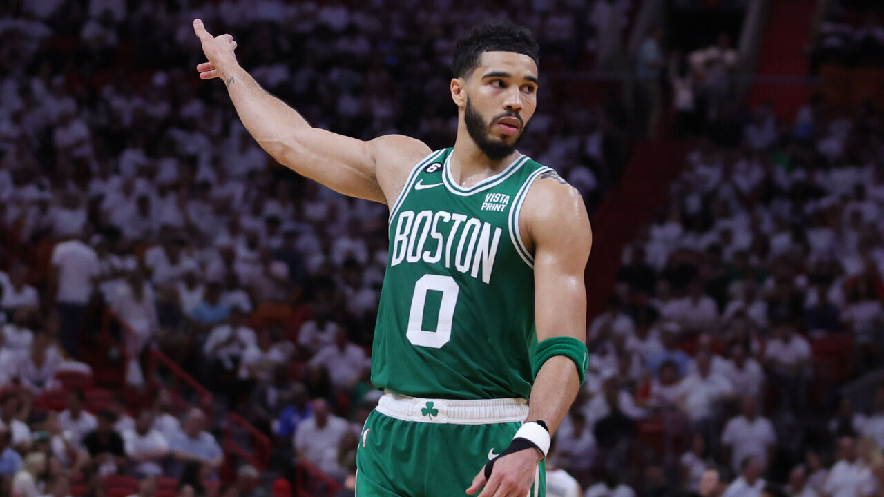 MIAMI, FLORIDA - MAY 23: Jayson Tatum #0 of the Boston Celtics reacts against the Miami Heat during the fourth quarter in game four of the Eastern Conference Finals at Kaseya Center on May 23, 2023 in Miami, Florida.