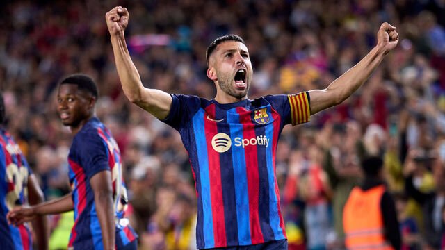 BARCELONA, SPAIN - MAY 02: Jordi Alba of FC Barcelona celebrates after scoring his team's first goal during the LaLiga Santander match between FC Barcelona and CA Osasuna at Spotify Camp Nou on May 02, 2023 in Barcelona, Spain.