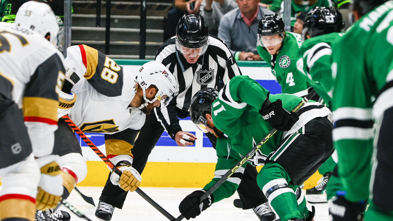 DALLAS, TX - MAY 23: Vegas Golden Knights left wing William Carrier (28) and Dallas Stars center Luke Glendening (11) look for the face-off during game 3 of the Western Conference Finals between the Dallas Stars and the Vegas Golden Knights on May 23, 2023 at the American Airlines Center in Dallas, Texas.