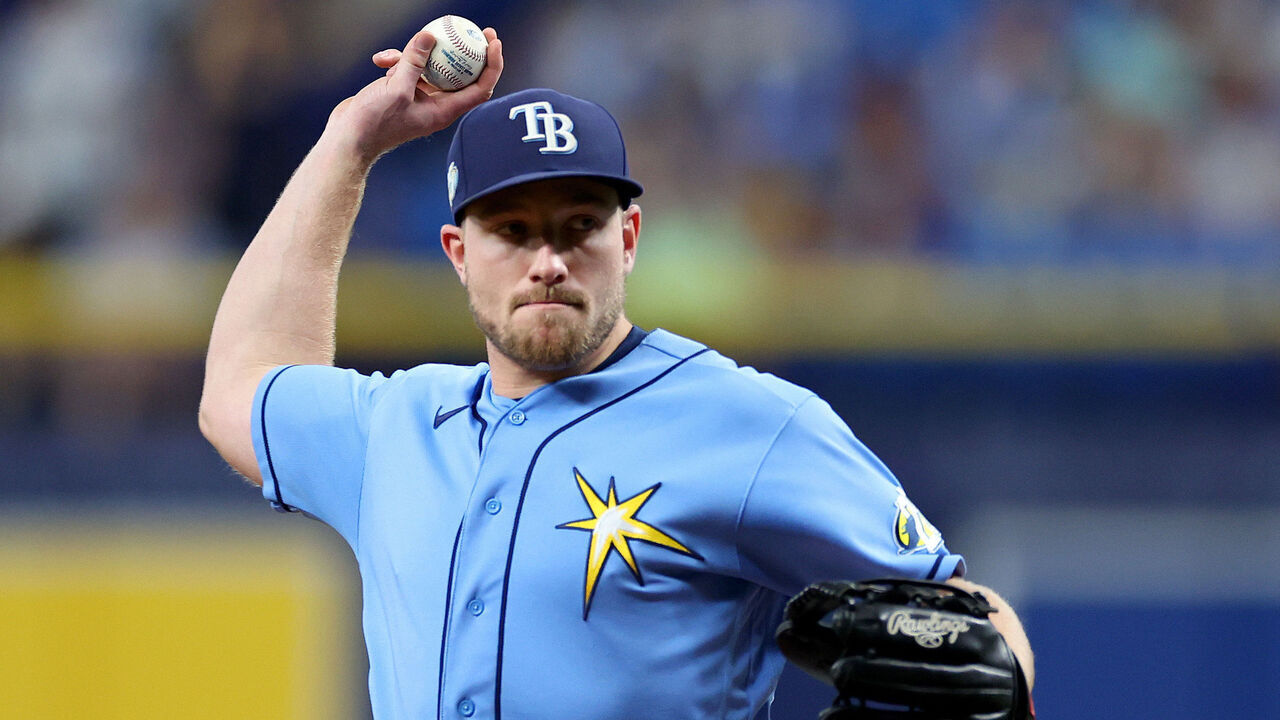 ST PETERSBURG, FLORIDA - MAY 23: Luke Raley #55 of the Tampa Bay Rays pitches in the ninth inning during a game against the Toronto Blue Jays at Tropicana Field on May 23, 2023 in St Petersburg, Florida.