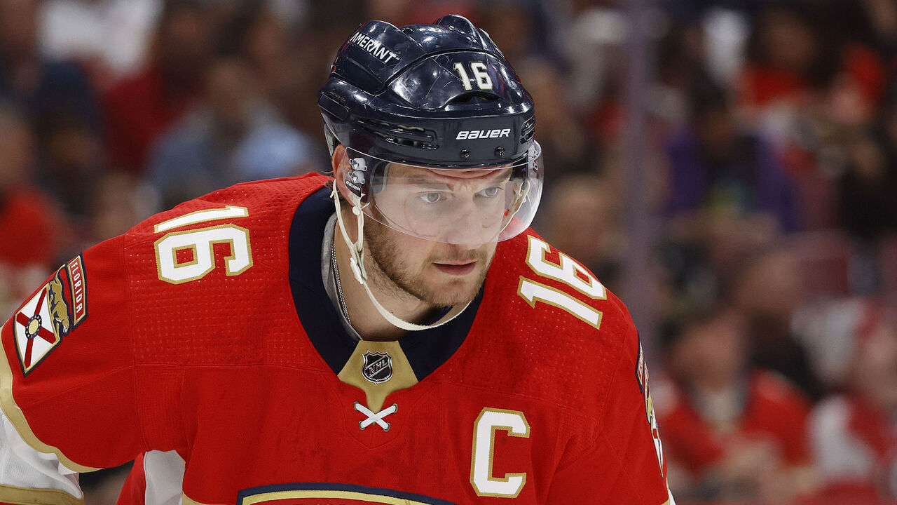 SUNRISE, FL - APRIL 13: Aleksander Barkov #16 of the Florida Panthers prepares for a face-off against the Carolina Hurricanes at the FLA Live Arena on April 13, 2023 in Sunrise, Florida.