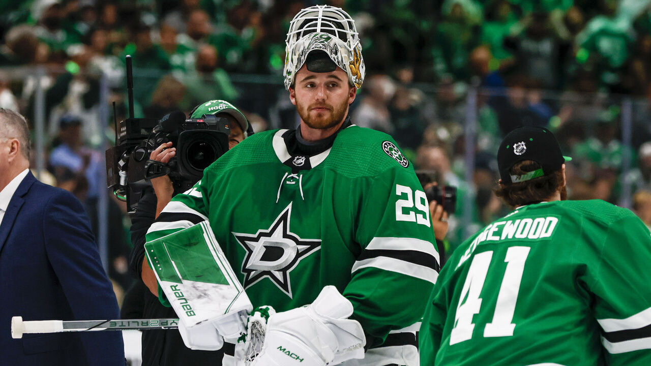 DALLAS, TX - MAY 15: Dallas Stars goaltender Jake Oettinger (29) goes through the handshake line after winning the Western Conference Second Round playoff game 7 between the Dallas Stars and the Seattle Kraken on May 15, 2023 at American Airlines Center in Dallas, Texas.