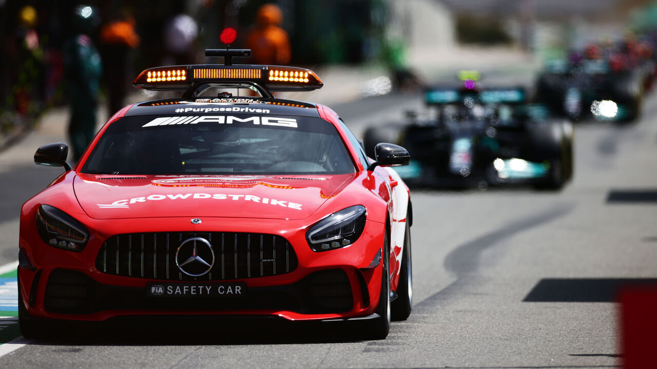 PORTIMAO, PORTUGAL - MAY 02: The FIA safety car leads the field through the pitlane during a yellow flag period during the F1 Grand Prix of Portugal at Autodromo Internacional Do Algarve on May 02, 2021 in Portimao, Portugal.