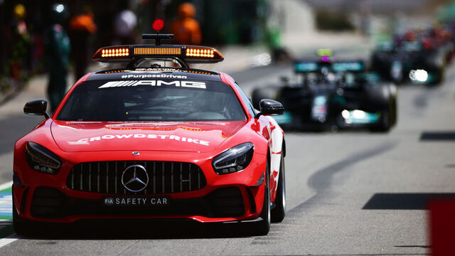 PORTIMAO, PORTUGAL - MAY 02: The FIA safety car leads the field through the pitlane during a yellow flag period during the F1 Grand Prix of Portugal at Autodromo Internacional Do Algarve on May 02, 2021 in Portimao, Portugal.