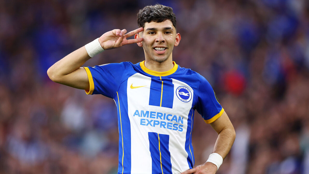 BRIGHTON, ENGLAND - MAY 24: Julio Enciso of Brighton & Hove Albion celebrates after scoring the team's first goal during the Premier League match between Brighton & Hove Albion and Manchester City at American Express Community Stadium on May 24, 2023 in Brighton, England.