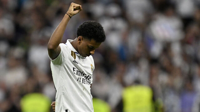 MADRID, SPAIN - MAY 24: Rodrygo of Real Madrid celebrates a goal during the La Liga Santander week 36 match between Real Madrid and Rayo Vallecano at Santiago Bernabeu Stadium in Madrid, Spain on May 24, 2023.