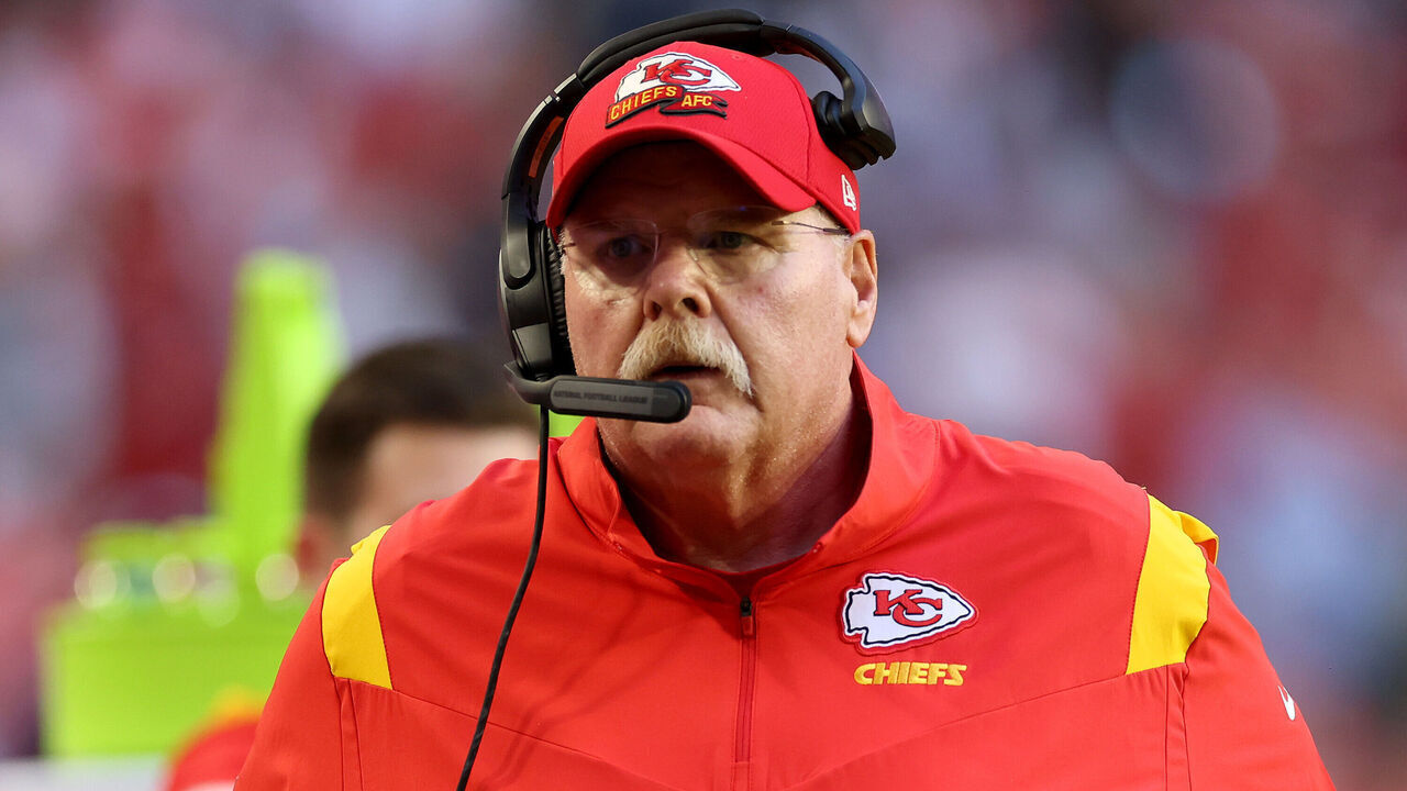 GLENDALE, ARIZONA - FEBRUARY 12: Head coach Andy Reid of the Kansas City Chiefs looks on against the Philadelphia Eagles during the first quarter in Super Bowl LVII at State Farm Stadium on February 12, 2023 in Glendale, Arizona.