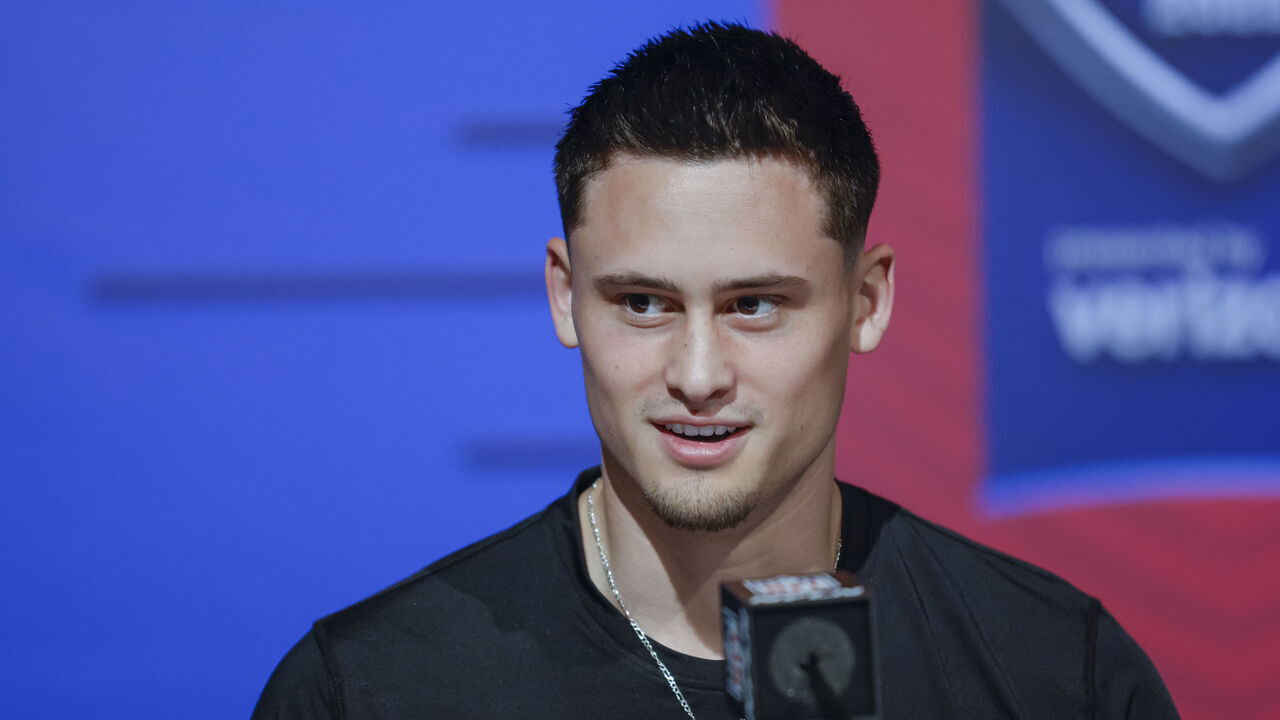 INDIANAPOLIS, IN - MAR 5: Matt Araiza #PK01 of the San Diego State Aztecs speaks to reporters during the NFL Draft Combine at the Indiana Convention Center on March 5, 2022 in Indianapolis, Indiana.