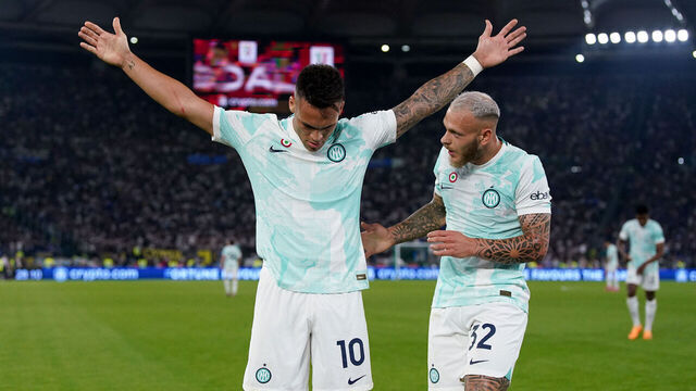 Lautaro Martinez of FC Internazionale celebrates after scoring first goal during the Coppa Italia Frecciarossa final match between ACF Fiorentina and FC Internazionale at Stadio Olimpico, Rome, Italy on 24 May 2023.