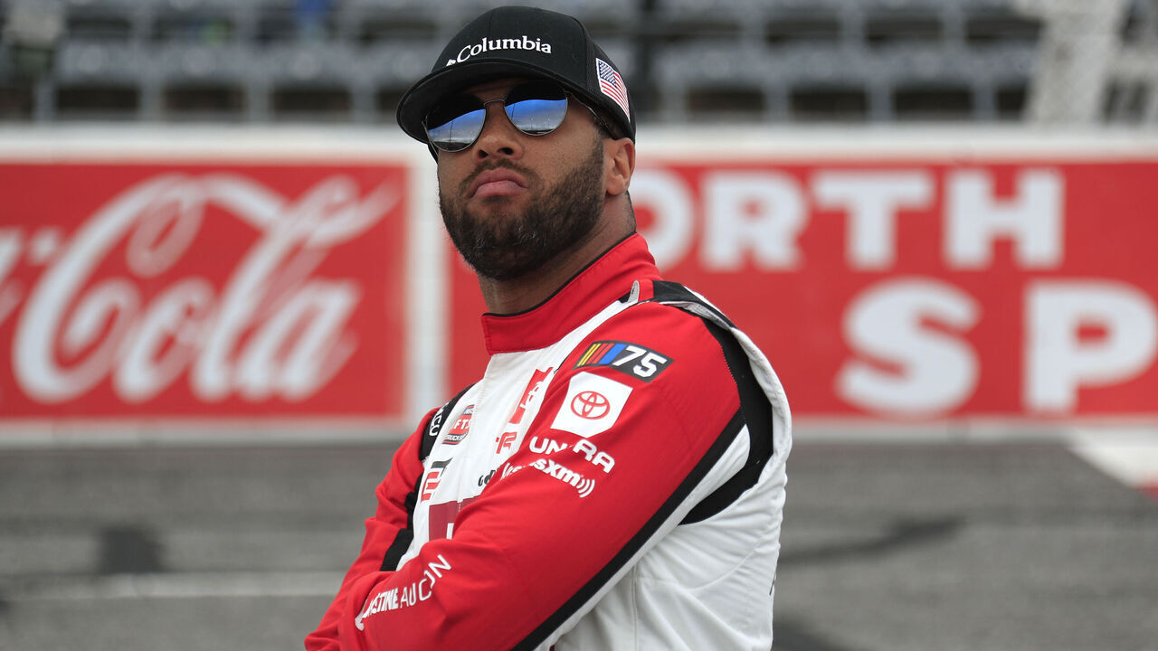 NORTH WILKESBORO, NC - MAY 20: Bubba Wallace (#1 TRICON Garage Pristine Auction Toyota) looks on prior to the running of the NASCAR Craftsman Truck Series Tyson 250 on May 20, 2023 at North Wilkesboro Speedway in North Wilkesboro, NC.