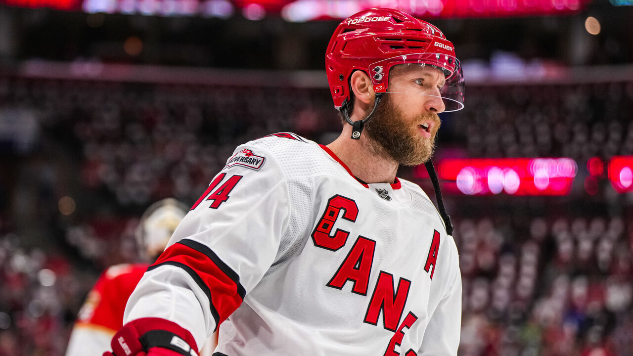 SUNRISE, FLORIDA - MAY 22: Jaccob Slavin #74 of the Carolina Hurricanes warms up prior to Game Three of the Eastern Conference Final of the 2023 Stanley Cup Playoffs against the Florida Panthers at FLA Live Arena on May 22, 2023 in Sunrise, Florida.