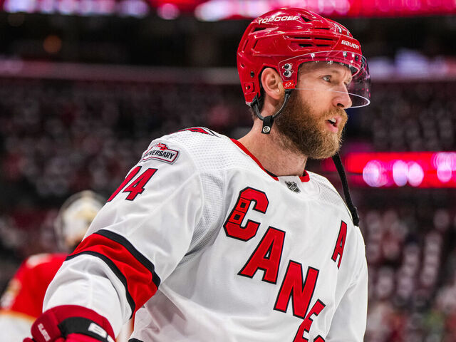 SUNRISE, FLORIDA - MAY 22: Jaccob Slavin #74 of the Carolina Hurricanes warms up prior to Game Three of the Eastern Conference Final of the 2023 Stanley Cup Playoffs against the Florida Panthers at FLA Live Arena on May 22, 2023 in Sunrise, Florida.