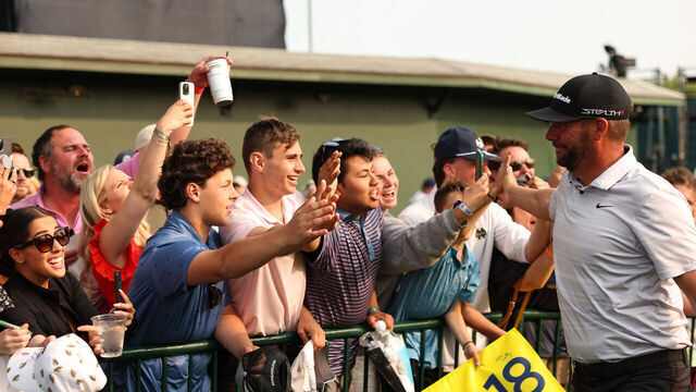 ROCHESTER, NY - MAY 21: Fans cheer for Michael Block of the Corebridge Financial PGA Team after his final round of the PGA Championship at Oak Hill Country Club on Sunday, May 21, 2023 in Rochester, New York.