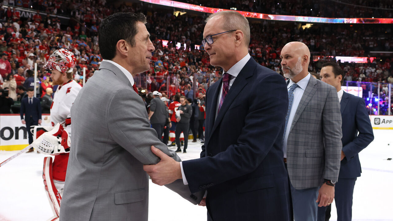 SUNRISE, FLORIDA - MAY 24: (L-R) Head coach Rod Brind'Amour of the Carolina Hurricanes shakes hand with head coach Paul Maurice of the Florida Panthers after Game Four of the Eastern Conference Final of the 2023 Stanley Cup Playoffs at FLA Live Arena on May 24, 2023 in Sunrise, Florida.