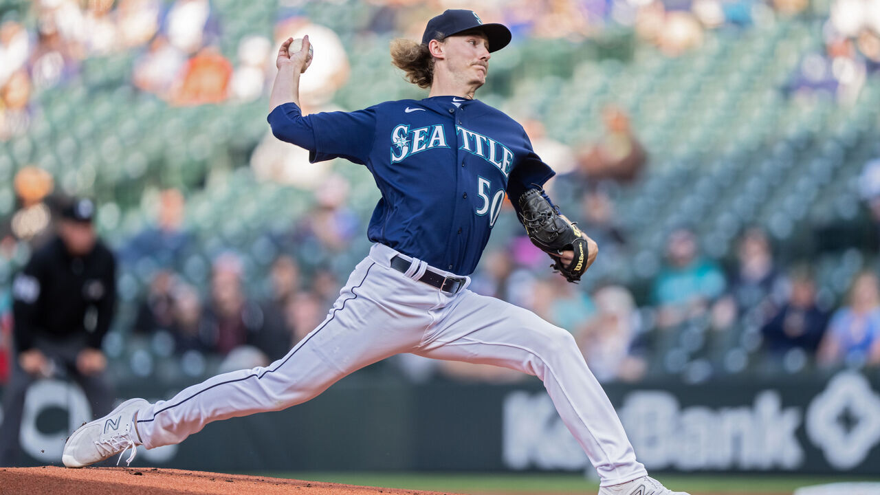 SEATTLE, WA - MAY 24: Bryce Miller #50 of the Seattle Mariners pitches during the first inning against the Oakland Athletics at T-Mobile Park on May 24, 2023 in Seattle, Washington.