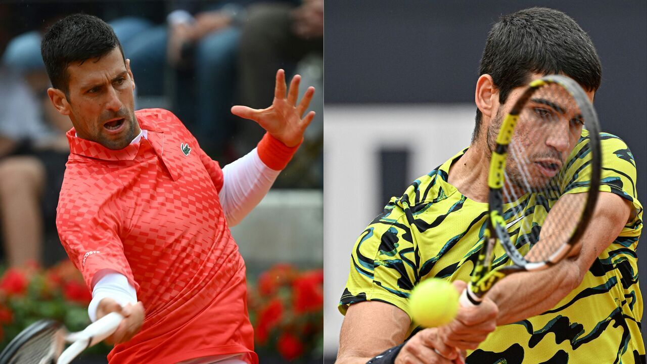 (COMBO/FILES) This combination of file photographs created on May 25, 2023, shows Serbia's Novak Djokovic (L) as he returns to Denmark's Holger Rune during their quarterfinals match of the Men's ATP Rome Open tennis tournament at Foro Italico in Rome on May 17, 2023 and Spain's Carlos Alcaraz (R) as he returns to Hungary's Fabian Marozsan during their third round match of the Men's ATP Rome Open tennis tournament at Foro Italico in Rome on May 15, 2023. Novak Djokovic could face world number one Carlos Alcaraz in the semi-finals of the French Open after both players were placed in the same half of the draw on May 25, 2023. Djokovic is chasing a record 23rd men's Grand Slam title in the absence of the injured Rafael Nadal, who will miss the tournament at Roland Garros for the first time since his 2005 title-winning debut.