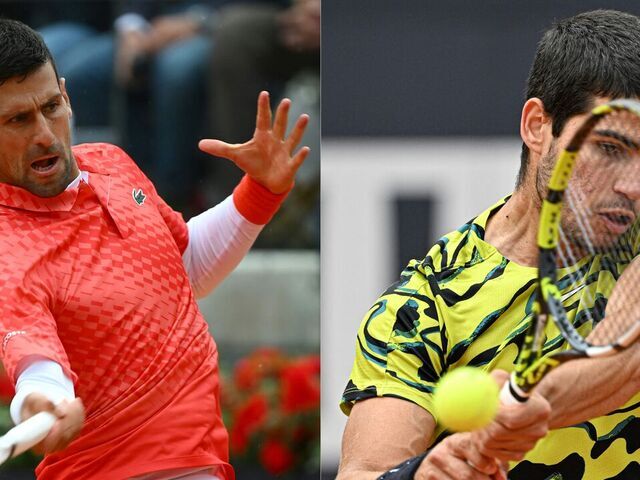 (COMBO/FILES) This combination of file photographs created on May 25, 2023, shows Serbia's Novak Djokovic (L) as he returns to Denmark's Holger Rune during their quarterfinals match of the Men's ATP Rome Open tennis tournament at Foro Italico in Rome on May 17, 2023 and Spain's Carlos Alcaraz (R) as he returns to Hungary's Fabian Marozsan during their third round match of the Men's ATP Rome Open tennis tournament at Foro Italico in Rome on May 15, 2023. Novak Djokovic could face world number one Carlos Alcaraz in the semi-finals of the French Open after both players were placed in the same half of the draw on May 25, 2023. Djokovic is chasing a record 23rd men's Grand Slam title in the absence of the injured Rafael Nadal, who will miss the tournament at Roland Garros for the first time since his 2005 title-winning debut.