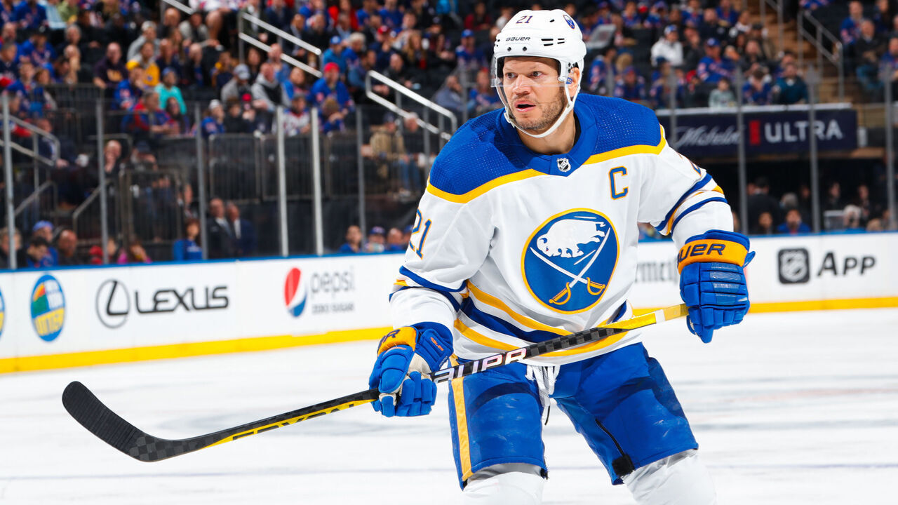 NEW YORK, NEW YORK - APRIL 10: Kyle Okposo #21 of the Buffalo Sabres skates against the New York Rangers at Madison Square Garden on April 10, 2023 in New York City.