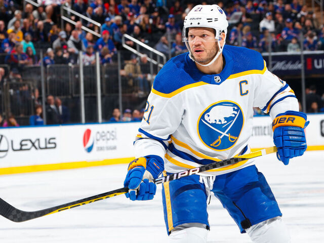 NEW YORK, NEW YORK - APRIL 10: Kyle Okposo #21 of the Buffalo Sabres skates against the New York Rangers at Madison Square Garden on April 10, 2023 in New York City.