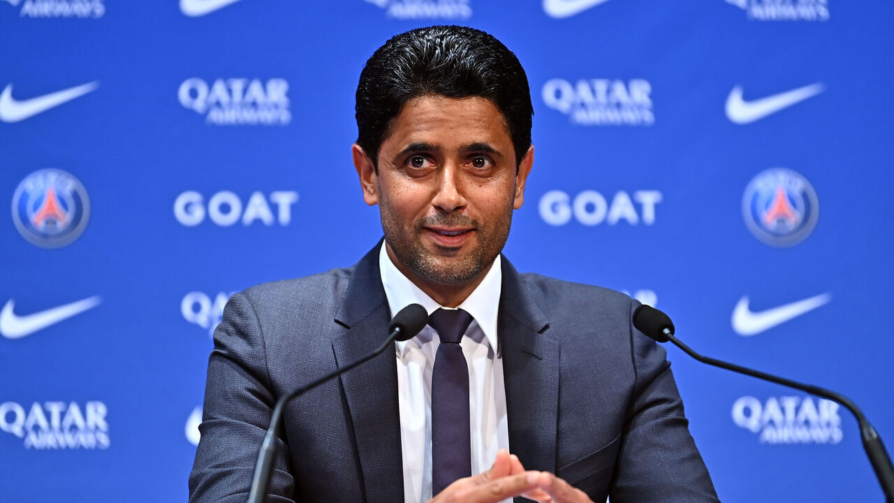 PARIS, FRANCE - JULY 05: Paris Saint-Germain President Nasser Al Khelaifi answers journalists during the press conference of Paris at Parc des Princes on July 05, 2022 in Paris, France.