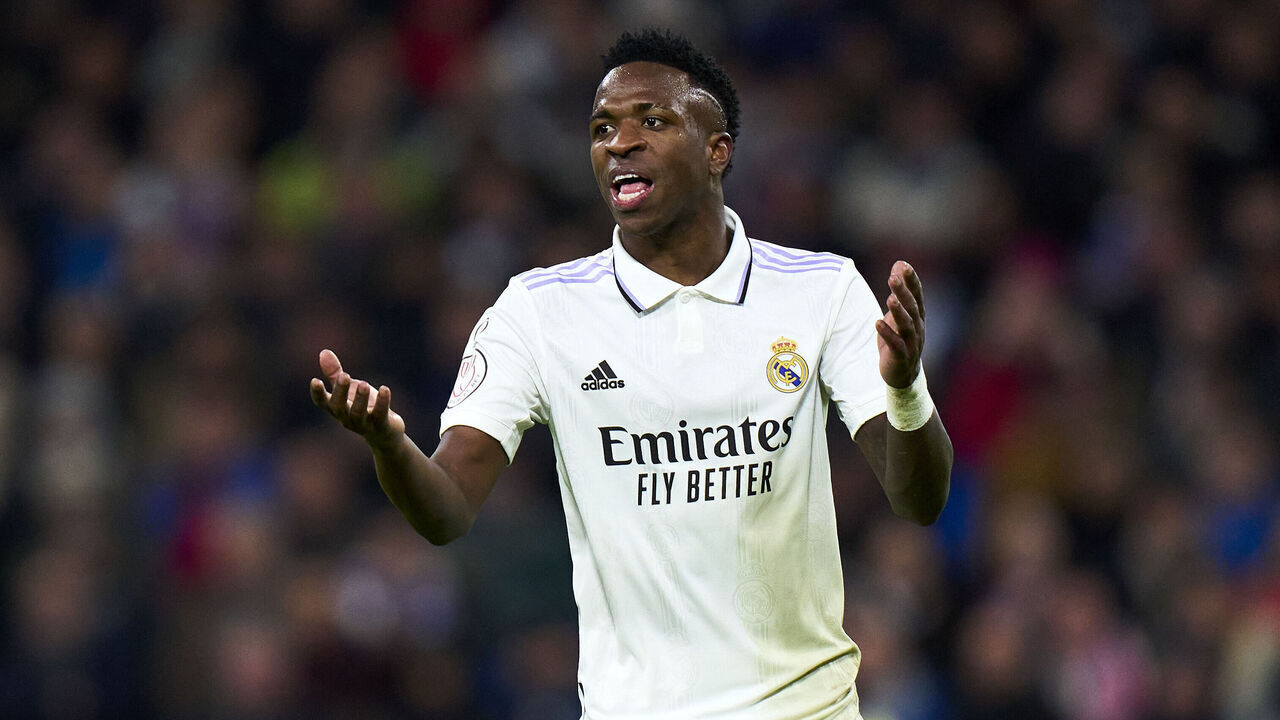 MADRID, SPAIN - JANUARY 26: Vinicius Junior of Real Madrid CF reacts during Copa del Rey Quarter Final match between Real Madrid CF and Atletico de Madrid at Estadio Santiago Bernabeu on January 26, 2023 in Madrid, Spain.