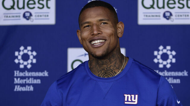 EAST RUTHERFORD, NEW JERSEY - MAY 25: Tight end Darren Waller #12 of the New York Giants talks to reporters after OTA's at Quest Diagnostics Center on May 25, 2023 in East Rutherford, New Jersey.