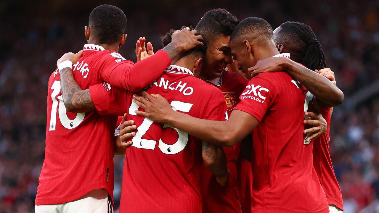 MANCHESTER, ENGLAND - MAY 25: Anthony Martial of Manchester United celebrates after scoring the team's second goal with team mates during the Premier League match between Manchester United and Chelsea FC at Old Trafford on May 25, 2023 in Manchester, England.