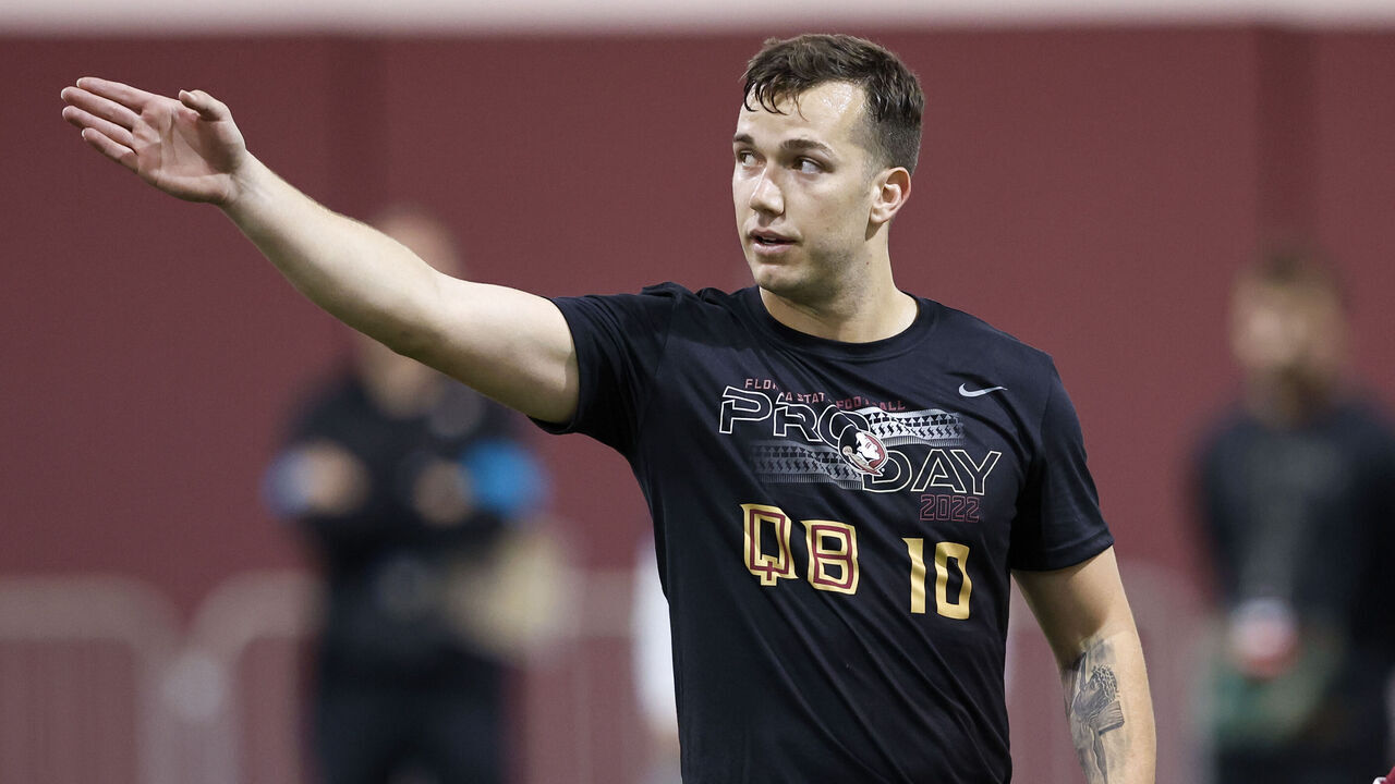 TALLAHASSEE, FL - MARCH 29: Quarterback McKenzie Milton works out for NFL Scouts and Coaches during Florida State Pro Day at the Dunlap Training Facility on the campus of FSU on March 29, 2022 in Tallahassee, Florida.
