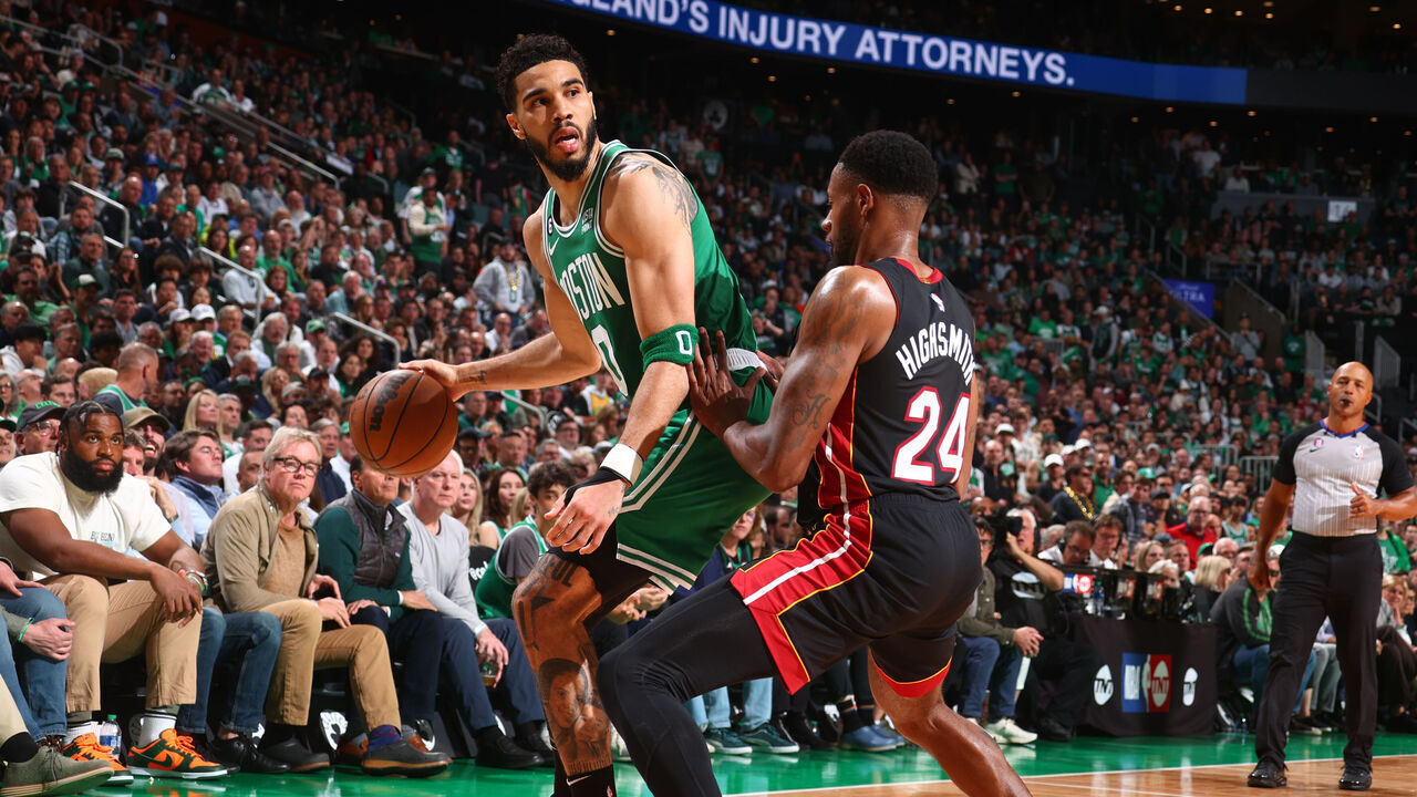 BOSTON, MA - MAY 25: Jayson Tatum #0 of the Boston Celtics dribbles the ball during Game Five of the Eastern Conference Finals against the Miami Heat on May 25, 2023 at the TD Garden in Boston, Massachusetts. Mandatory Copyright Notice: Copyright 2023 NBAE