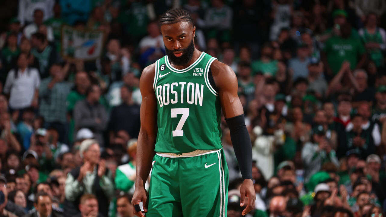 BOSTON, MA - MAY 25: Jaylen Brown #7 of the Boston Celtics looks on during Game Five of the Eastern Conference Finals against the Miami Heat on May 25, 2023 at the TD Garden in Boston, Massachusetts. Mandatory Copyright Notice: Copyright 2023 NBAE
