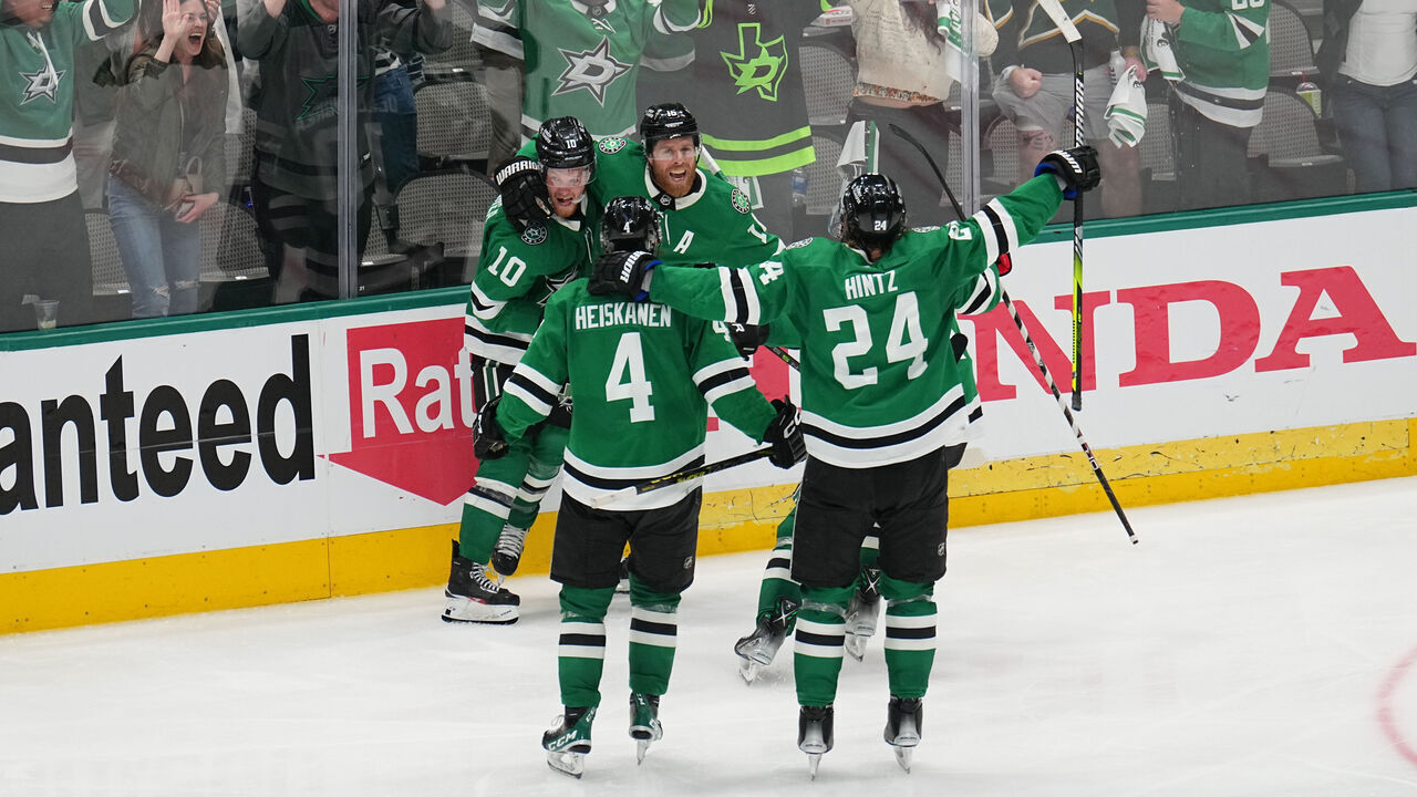 DALLAS, TX - MAY 25: Joe Pavelski #16, Ty Dellandrea #10, Miro Heiskanen #4, Roope Hintz #24 and the Dallas Stars celebrates the game-winning overtime goal against the Vegas Golden Knights in Game Four of the Conference Final of the 2023 Stanley Cup Playoffs at the American Airlines Center on May 25, 2023 in Dallas, Texas.