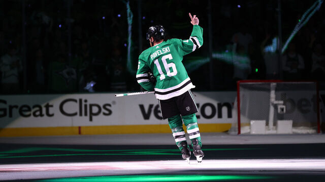 DALLAS, TEXAS - MAY 25: Joe Pavelski #16 of the Dallas Stars waves to the crowd after scoring a game-winning power play goal against the Vegas Golden Knights during overtime in Game Four of the Western Conference Final of the 2023 Stanley Cup Playoffs at American Airlines Center on May 25, 2023 in Dallas, Texas.