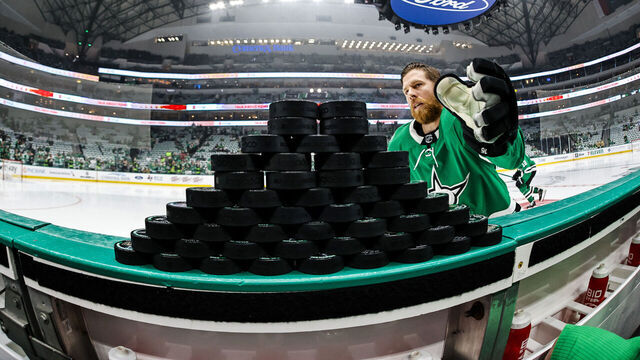 DALLAS, TX - MAY 23: Dallas Stars center Joe Pavelski (16) knocks off the warm-up pucks before game 3 of the Western Conference Finals between the Dallas Stars and the Vegas Golden Knights on May 23, 2023 at the American Airlines Center in Dallas, Texas.