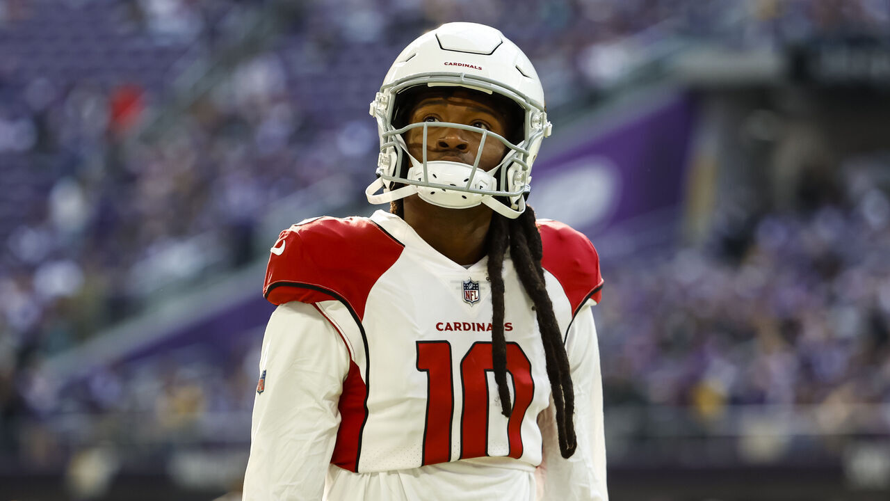 MINNEAPOLIS, MN - OCTOBER 30: DeAndre Hopkins #10 of the Arizona Cardinals looks on before the start of the game against the Minnesota Vikings at U.S. Bank Stadium on October 30, 2022 in Minneapolis, Minnesota. The Vikings defeated the Cardinals 34-26.