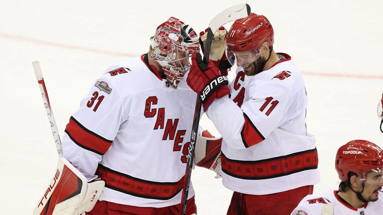 NEWARK, NJ - MAY 09: Carolina Hurricanes goaltender Frederik Andersen (31) celebrates with Carolina Hurricanes center Jordan Staal (11) after winning Game 4 of an Eastern Conference Second Round playoff game between the Carolina Hurricanes and the New Jersey Devils on May 9, 2023, at Prudential Center in Newark, New Jersey.