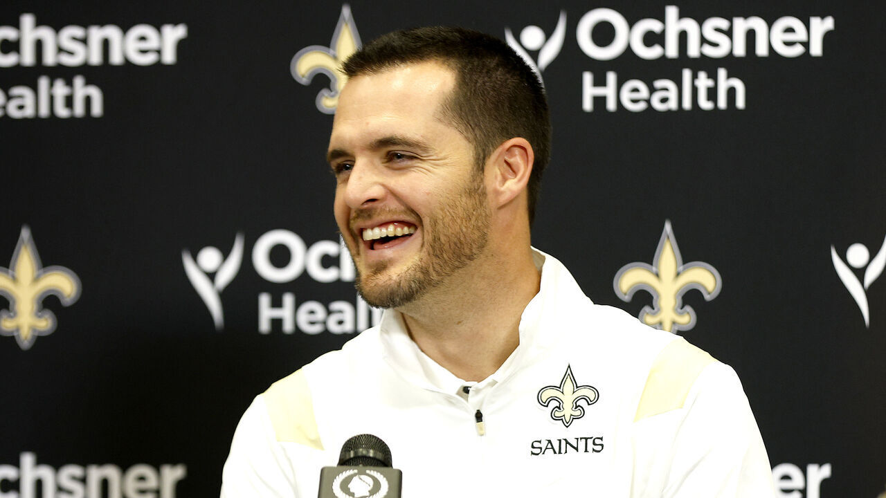 NEW ORLEANS, LOUISIANA - MARCH 11: Quarterback Derek Carr of the New Orleans Saints speaks to members of the media after signing a four-year contract with the Saints at New Orleans Saints Indoor Practice Facility on March 11, 2023 in New Orleans, Louisiana.