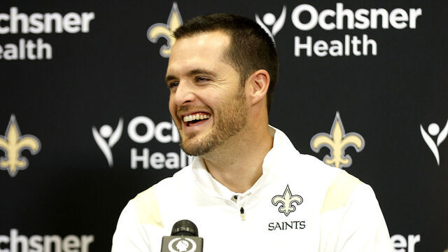 NEW ORLEANS, LOUISIANA - MARCH 11: Quarterback Derek Carr of the New Orleans Saints speaks to members of the media after signing a four-year contract with the Saints at New Orleans Saints Indoor Practice Facility on March 11, 2023 in New Orleans, Louisiana.