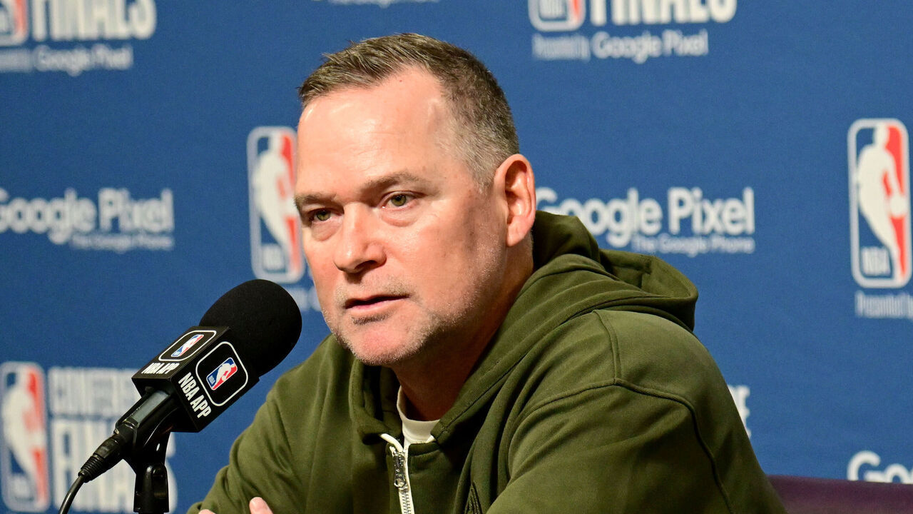 LOS ANGELES, CA - MAY 22: Head Coach Michael Malone of the Denver Nuggets talks to the press before Game 4 of the 2023 NBA Playoffs Western Conference Finals against the Los Angeles Lakers on May 22, 2023 at Crypto.Com Arena in Los Angeles, California. NOTE TO USER: User expressly acknowledges and agrees that, by downloading and/or using this Photograph, user is consenting to the terms and conditions of the Getty Images License Agreement. Mandatory Copyright Notice: Copyright 2023 NBAE