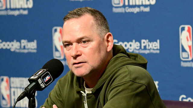 LOS ANGELES, CA - MAY 22: Head Coach Michael Malone of the Denver Nuggets talks to the press before Game 4 of the 2023 NBA Playoffs Western Conference Finals against the Los Angeles Lakers on May 22, 2023 at Crypto.Com Arena in Los Angeles, California. NOTE TO USER: User expressly acknowledges and agrees that, by downloading and/or using this Photograph, user is consenting to the terms and conditions of the Getty Images License Agreement. Mandatory Copyright Notice: Copyright 2023 NBAE